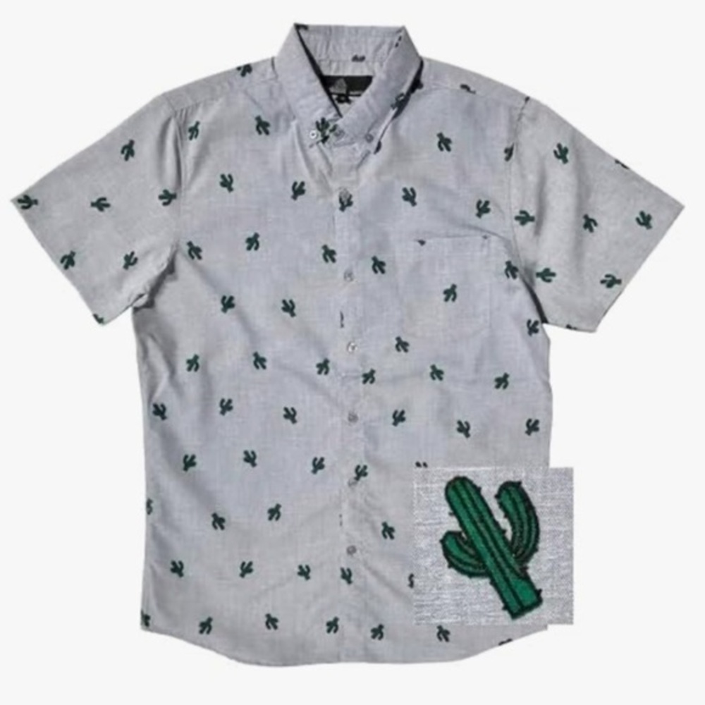 Cactus Print Button Down Gray Short Sleeve Shirt, Men’s Size M NWOT